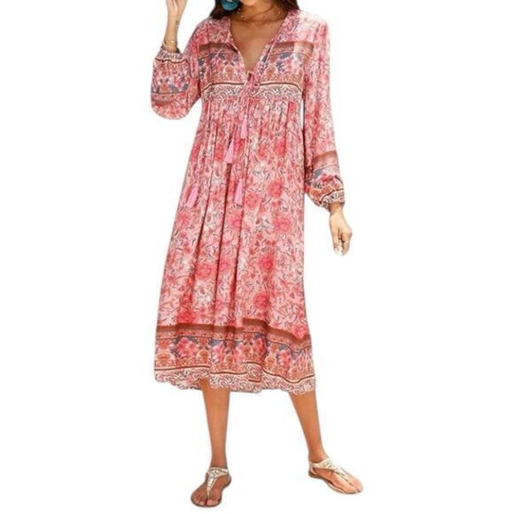R. Vioimos NWT Womens Size M 8/10 Pink Floral Peasant Tassel Tie Boho Midi Dress